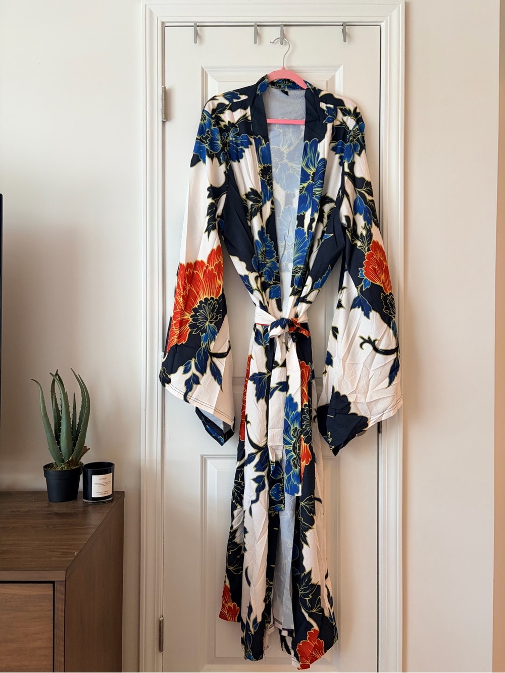 Floral Tie-Belt Kimono Jacket - White with Navy & Orange Floral